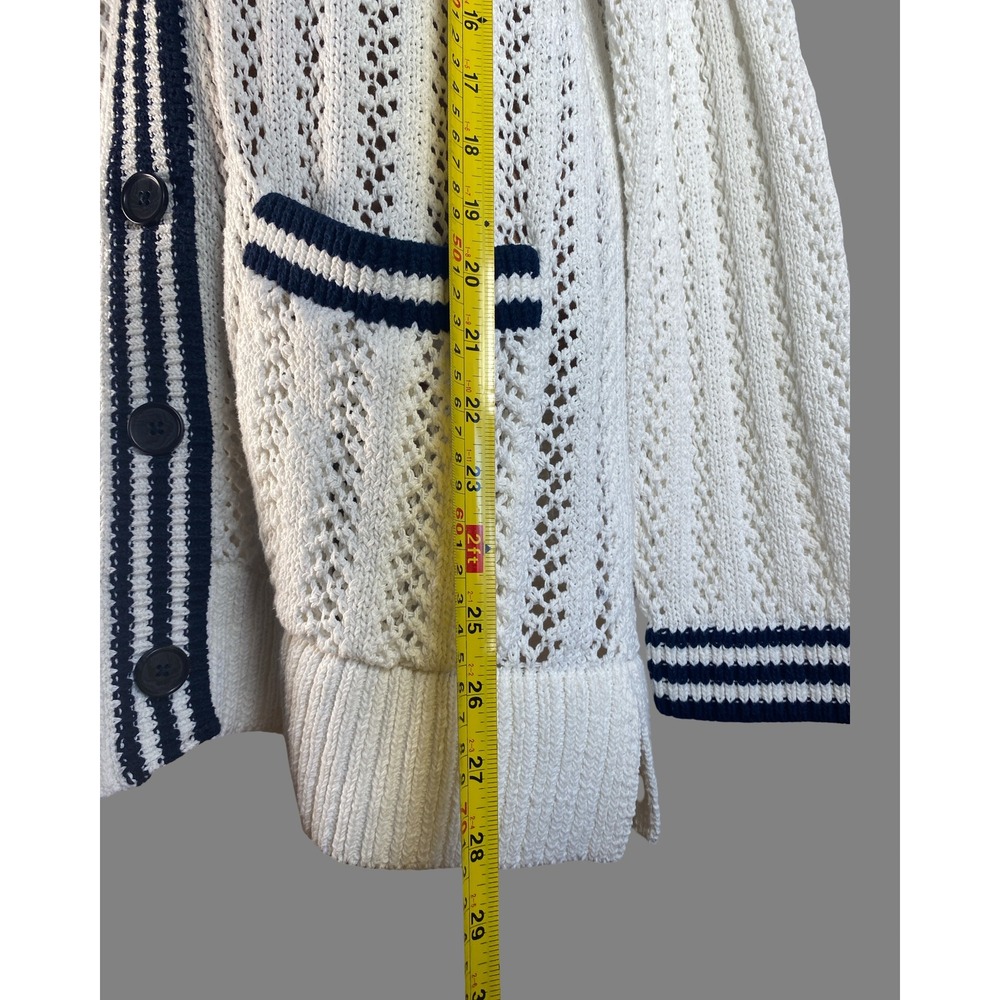 Lou & Grey Womens M White Pointelle Knit Varsity Cardigan Navy Striped V-Neck - Picture 8 of 8